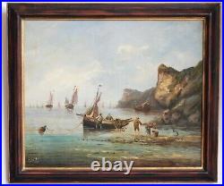 Pierre Julien Gilbert. Le retour de pêche. Huile sur toile. XIXe S. Rare format