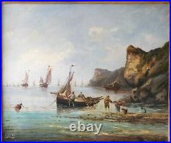 Pierre Julien Gilbert. Le retour de pêche. Huile sur toile. XIXe S. Rare format