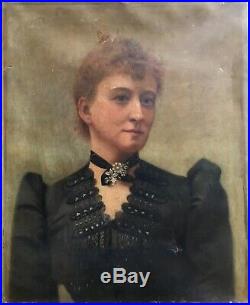 Portrait De Femme Fleurs De Lys Royauté Princesse Huile Toile XIXème