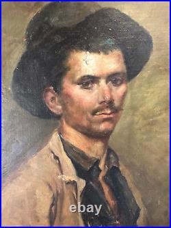 Portrait Jeune Homme au Chapeau Huile sur Toile Antique French Painting