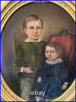 Portrait XIX Ème s Signé Représentant Un Garçon Et Sa Sour, Huile Sur Toile