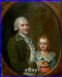 Portrait d'Homme et d'Enfant Ecole Française Huile sur Toile du XVIIIème siècle