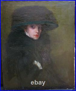 Portrait de Femme au Chapeau Huile sur Toile du début du XXème Siècle Signée