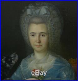 Portrait de Femme au Chien d'Epoque Louis XVI Huile sur Toile du XVIIIème siècle