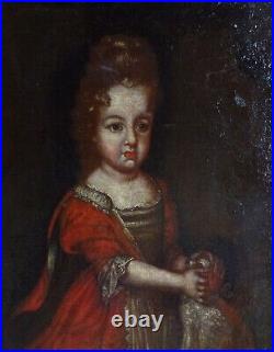 Portrait de Fille au Chien Ecole Française fin XVIIème siècle Huile sur Toile