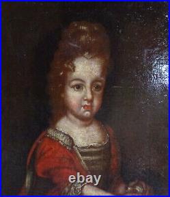 Portrait de Fille au Chien Ecole Française fin XVIIème siècle Huile sur Toile
