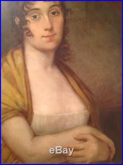 Portrait de Jeune Femme Tableau ancien XIXe Huile sur Toile romantique 19ème