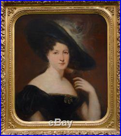 Portrait de femme au chapeau Epoque milieu XIXème siècle Huile sur toile