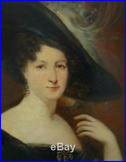 Portrait de femme au chapeau Epoque milieu XIXème siècle Huile sur toile