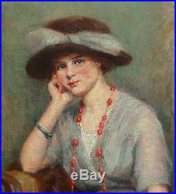 Portrait de femme huile sur toile Début XXème siècle Elégante au chapeau
