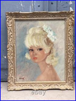 Portrait de jeune femme blonde, huile sur toile encadrée Années 60