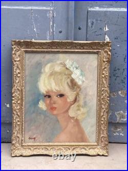 Portrait de jeune femme blonde, huile sur toile encadrée Années 60