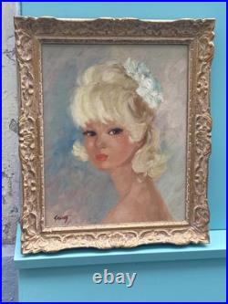 Portrait de jeune femme blonde, huile sur toile encadrée Années 60