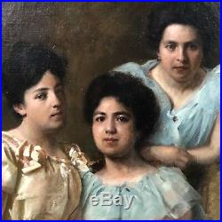 Portrait de trois soeurs, peinture sur toile, XIXème, tableau ancien