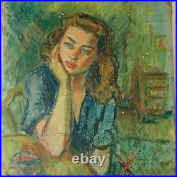 Portrait huile sur toile Jeune femme accoudée Années 50/60