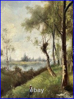 Promeneuse en bord de rivière, huile sur toile du XIXème école de barbizon