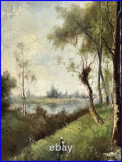 Promeneuse en bord de rivière, huile sur toile du XIXème école de barbizon
