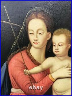 Rare Carré Peinture Huile sur Toile Le Madonna Avec Enfant Cadre en Bois