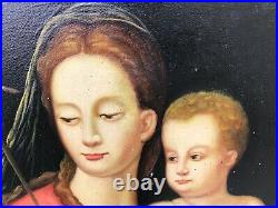 Rare Carré Peinture Huile sur Toile Le Madonna Avec Enfant Cadre en Bois