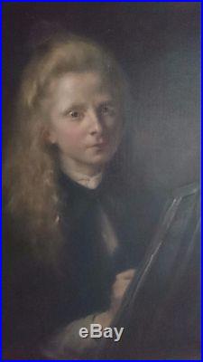 Rare, ancien tableau, huile sur toile, portrait, jeune fille peintre, XIXème