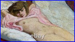 Rare curiosa grande huile sur toile nu Belle époque tableau signé femme allongée