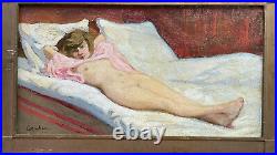 Rare curiosa grande huile sur toile nu Belle époque tableau signé femme allongée