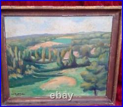 Rare grand tableau paysage Art Déco huile sur toile signée 1929