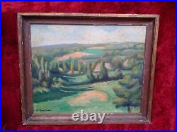 Rare grand tableau paysage Art Déco huile sur toile signée 1929
