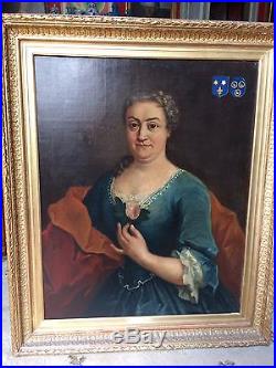 Rare portrait ancien huile toile noble dame aristocrate XVIII Louis XV armoiries