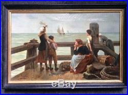 Ravissante huile sur toile XIX ième représentant une scène de port