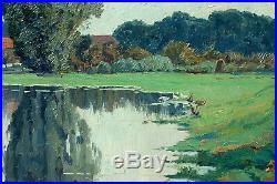 Raymond URBAIN, paysage lacustre, village en Lorraine, campagne, Nancy, tableau