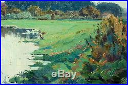 Raymond URBAIN, paysage lacustre, village en Lorraine, campagne, Nancy, tableau
