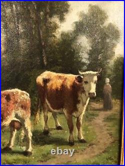 René Joseph Ménard (France, 1827-1887), huile sur toile fermière et vaches
