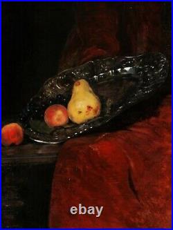 René LEGRAND tableau nature morte fruits poires raisin plat argent orfèvrerie