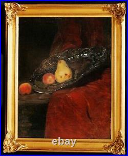 René LEGRAND tableau nature morte fruits poires raisin plat argent orfèvrerie