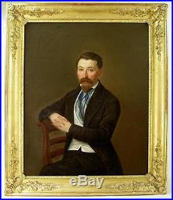 SUPERBE PORTRAIT DE DANDY ROMANTIQUE XIXè HOMME EN COSTUME HUILE/TOILE VERS 1860