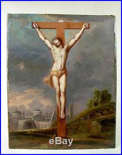 SUPERBE TABLEAU XVIIIème CHRIST EN CROIX HUILE/TOILE EC. FRANCAISE RELIGION 1700