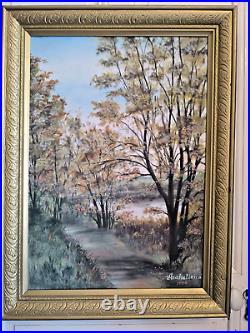 S. ARAKELIAN (XXeme) grande huile sur toile Paysage lacustre et sous bois 1996