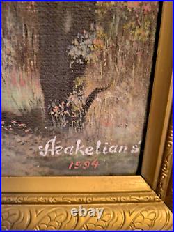 S. ARAKELIAN (XXeme) grande huile sur toile Paysage lacustre et sous bois 1996