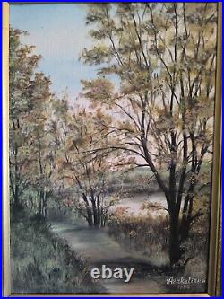 S. ARAKELIAN (XXeme) grande huile sur toile Paysage lacustre et sous bois 1996