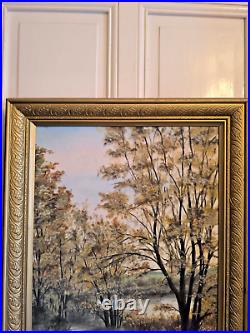 S. ARAKELIAN (XXeme) grande huile sur toile Paysage lacustre et sous bois 1996