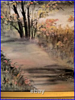 S. ARAKELIAN (XXeme) grande huile sur toile Paysage lacustre et sous bois 1996