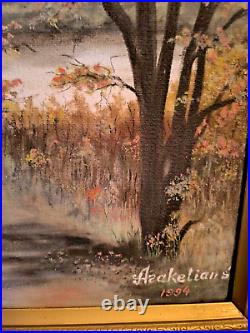 S. ARAKELIAN (XXeme) grande huile sur toile Paysage lacustre et sous bois 1996