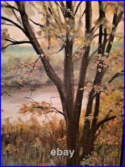 S. ARAKELIAN (XXeme) grande huile sur toile Paysage lacustre et sous bois 1996