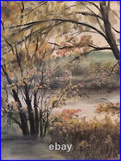 S. ARAKELIAN (XXeme) grande huile sur toile Paysage lacustre et sous bois 1996