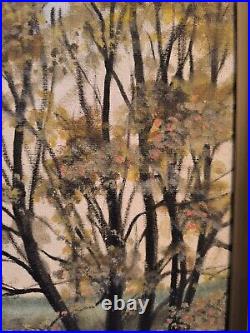 S. ARAKELIAN (XXeme) grande huile sur toile Paysage lacustre et sous bois 1996