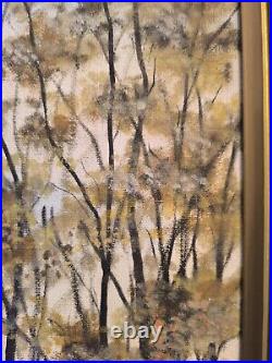 S. ARAKELIAN (XXeme) grande huile sur toile Paysage lacustre et sous bois 1996