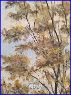 S. ARAKELIAN (XXeme) grande huile sur toile Paysage lacustre et sous bois 1996
