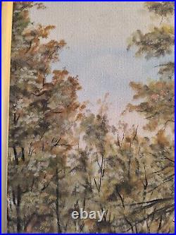 S. ARAKELIAN (XXeme) grande huile sur toile Paysage lacustre et sous bois 1996