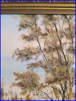 S. ARAKELIAN (XXeme) grande huile sur toile Paysage lacustre et sous bois 1996
